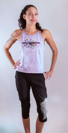Women's sleeveless mountain bike jersey with hand-dyed fabric and artistic bike graphics by Moxie, moisture-wicking and trail-ready design