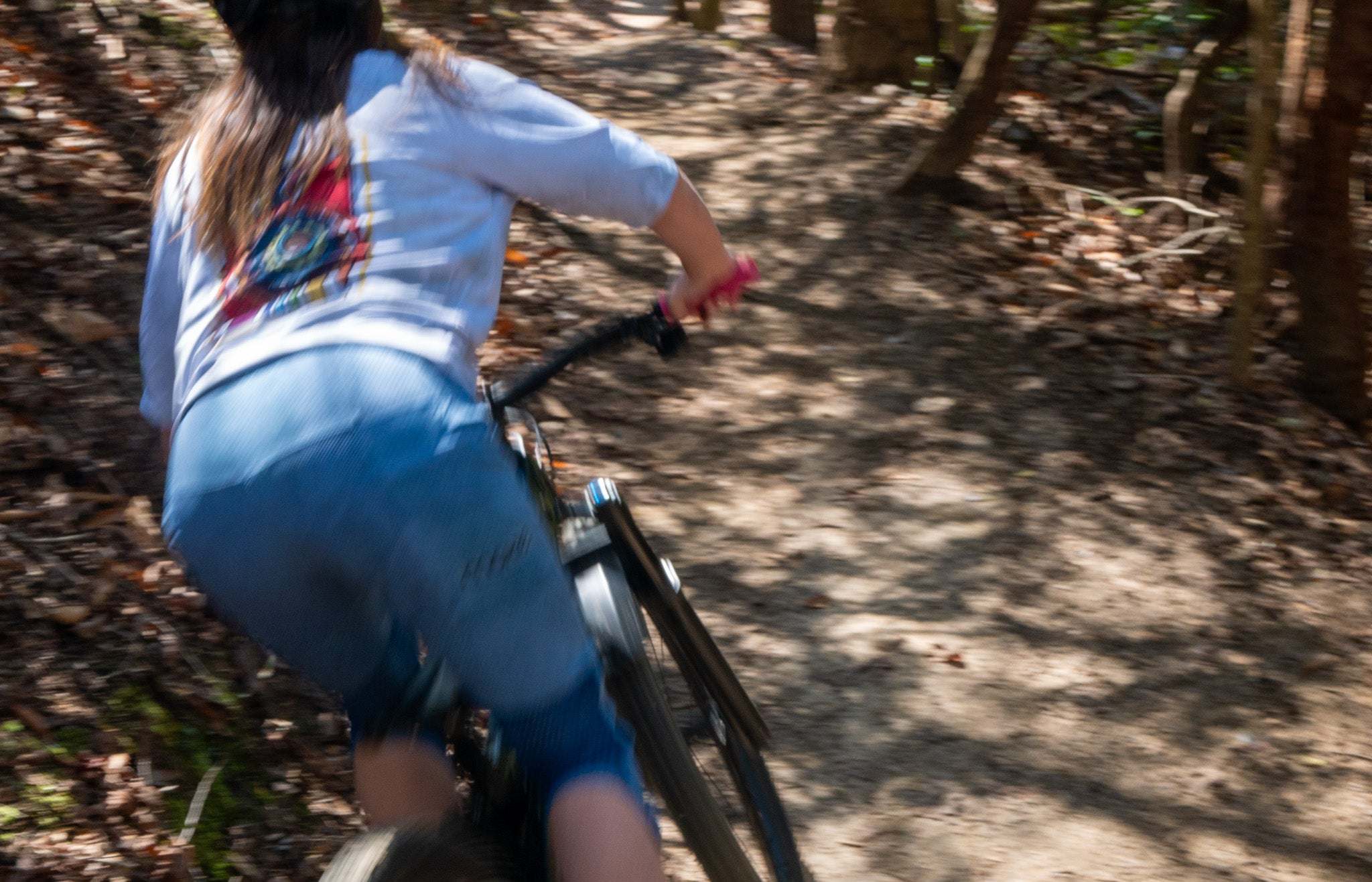 Person riding a bicycle on a forest path

