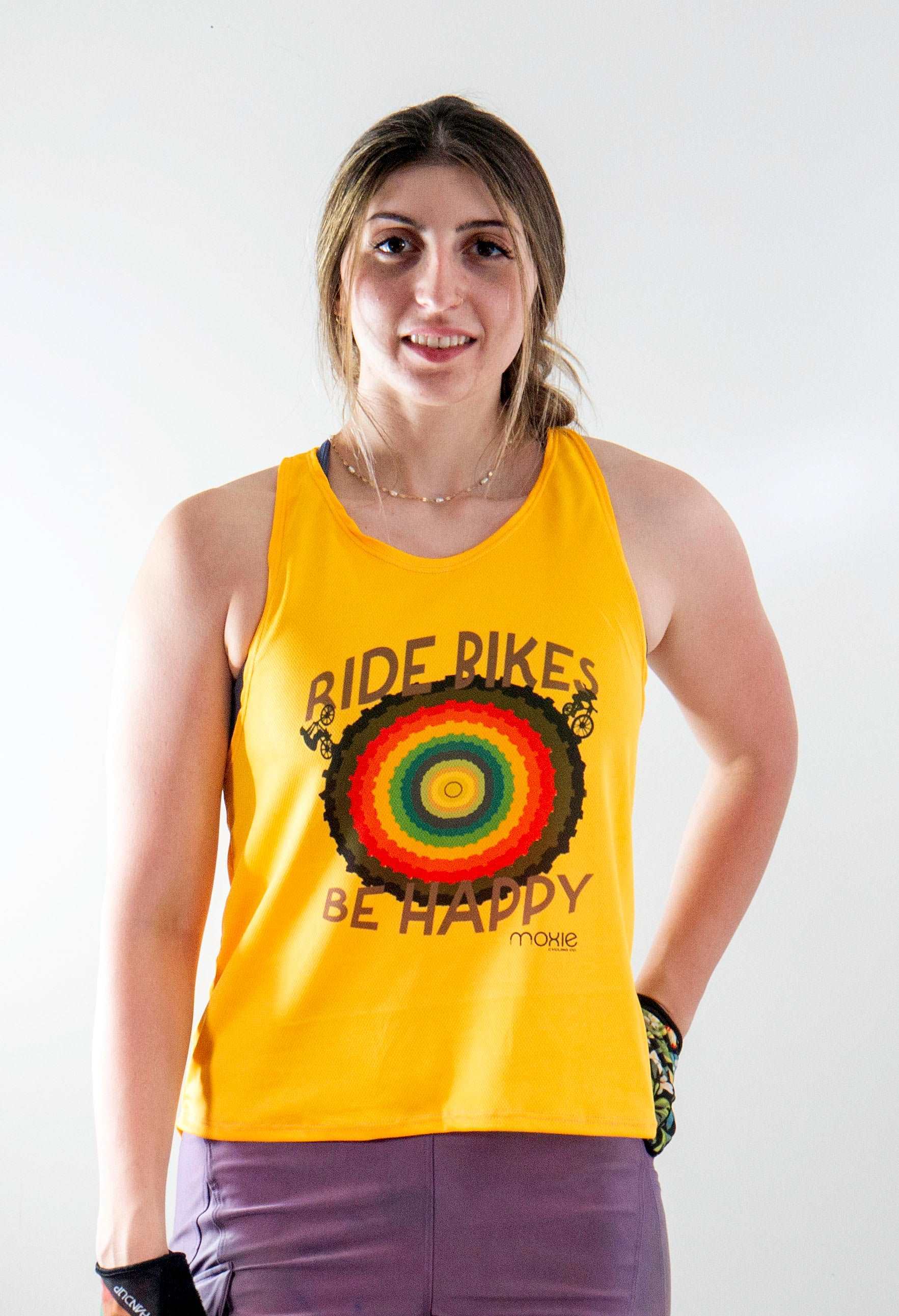 Light mesh tank for mountain biking with "Ride Bikes Be Happy" pride design.