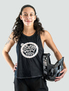 Women's Moxie Tech Tank breathable mesh cycling jersey with Ride Bikes Be Happy graphic