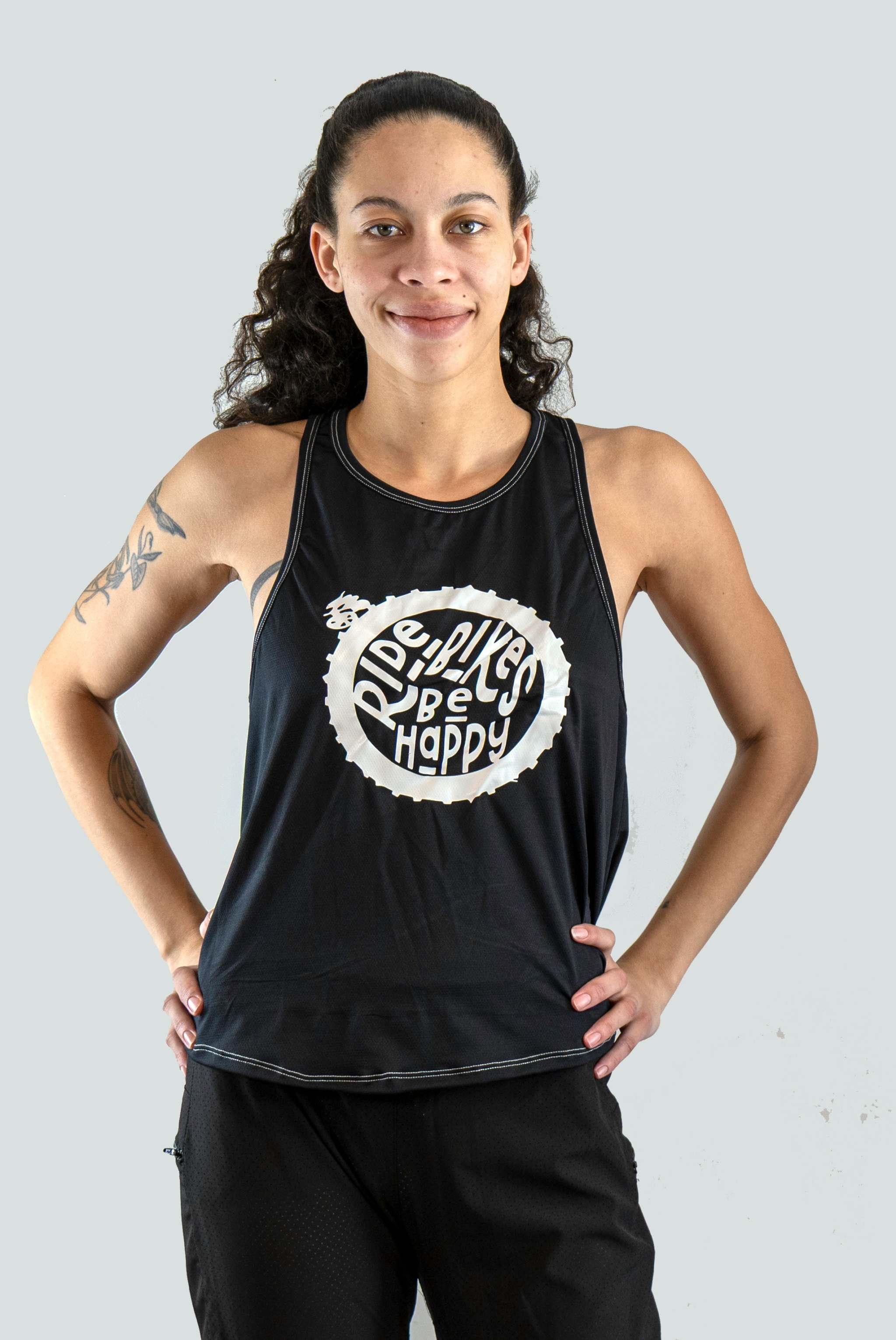 Women's Moxie Tech Tank breathable mesh cycling jersey with "Ride Bikes Be Happy" graphic