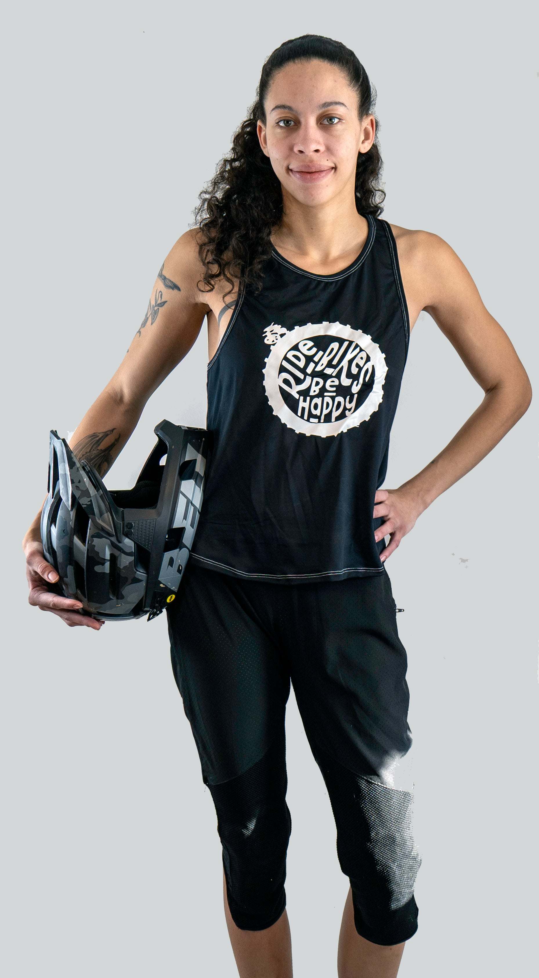 Women's Moxie Tech Tank breathable mesh cycling jersey with "Ride Bikes Be Happy" graphic for mountain and gravel biking