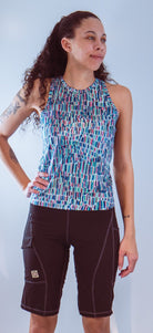 Women's sleeveless bike jersey with breathable fabric and back pocket.