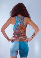 Women's Sleeveless Bike Jersey with vibrant forest design, breathable mesh fabric, and convenient back pocket.