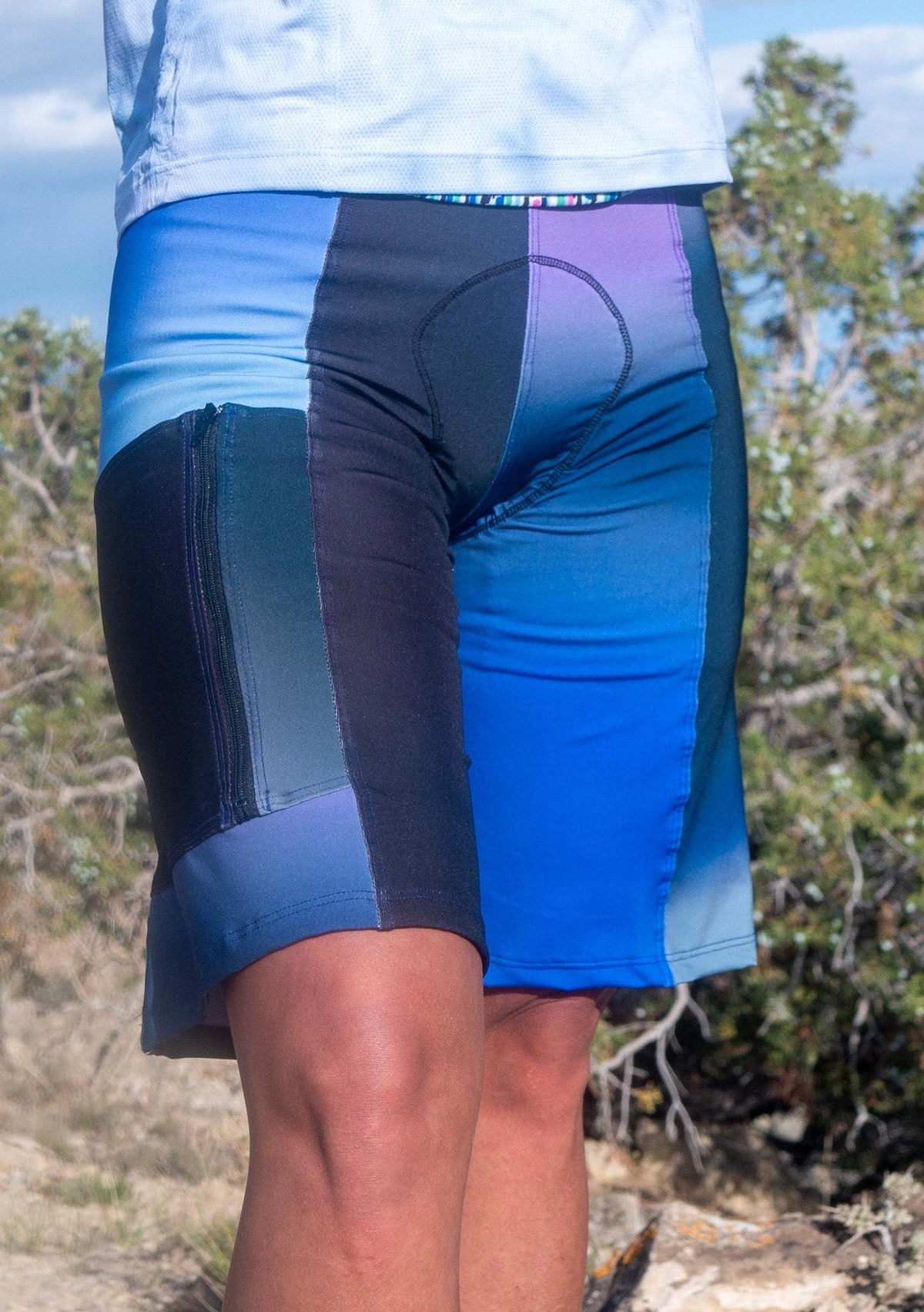 Steezy Stretch Bike Shorts Blues with chamois, moisture-wicking fabric, and side pocket.