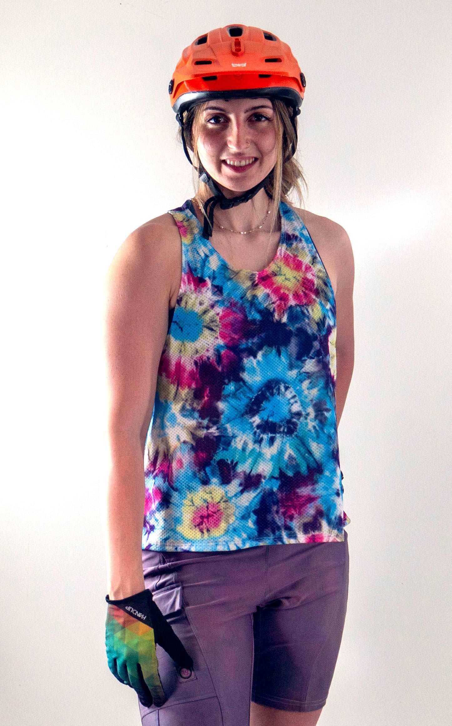 Breathable lightweight Swifly Tech Tank top with a colorful design, perfect for biking and outdoor activities.