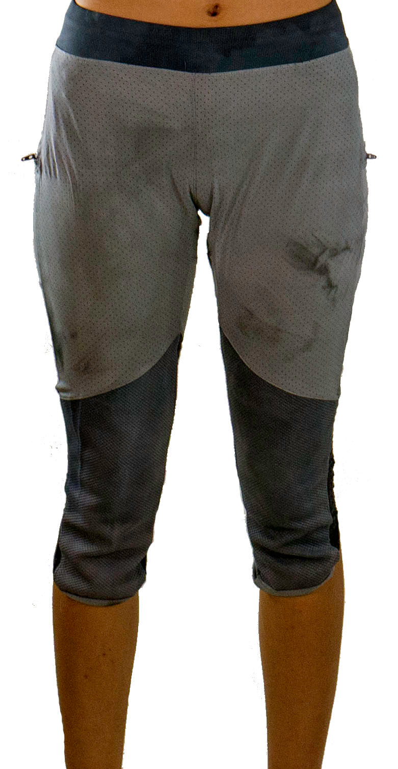 Women's mountain bike pants with removable G-Form hip and knee pads, durable breathable fabric, reinforced knees and hips, elastic waist with drawstring