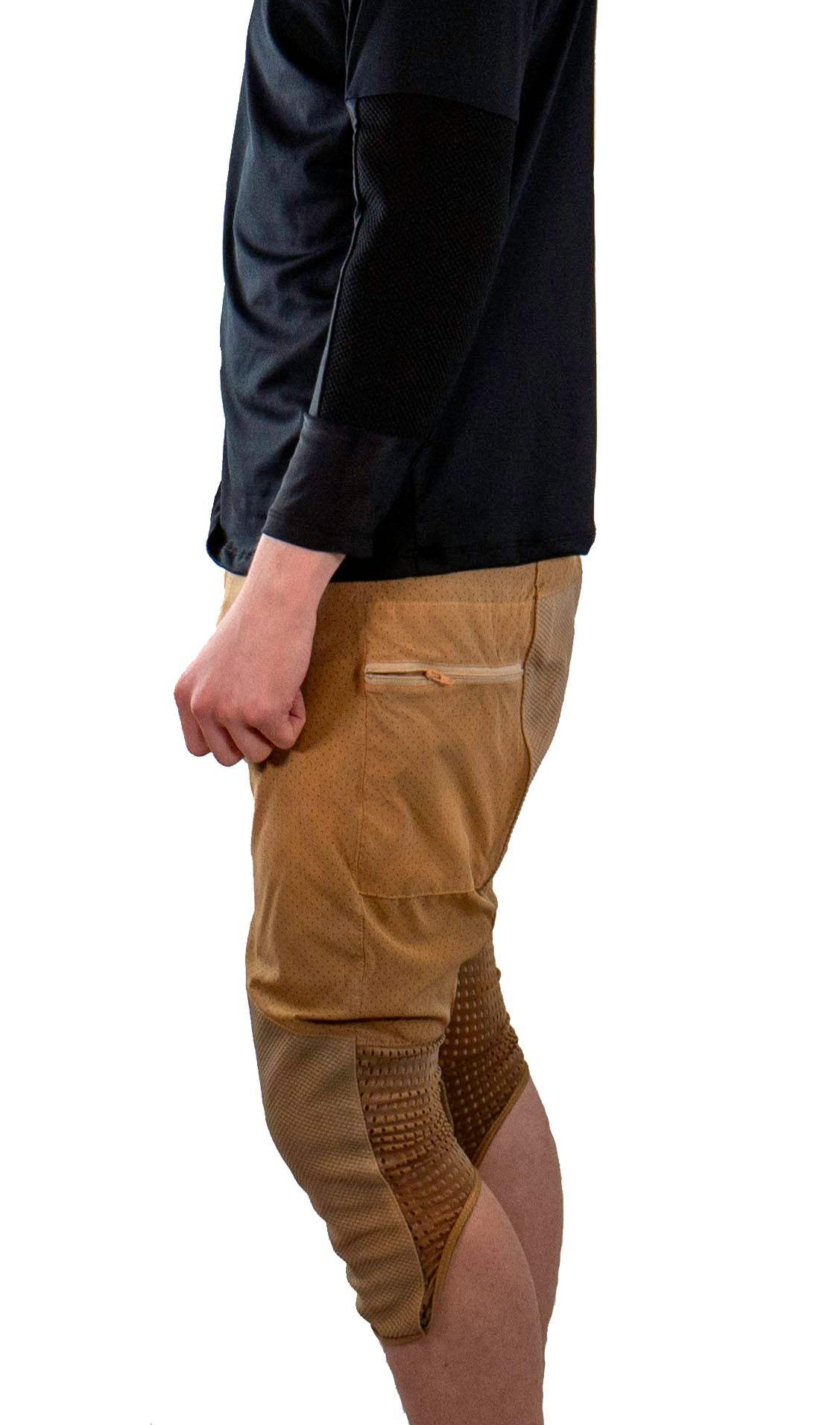 Bike pants with removable G-Form knee pads, black and white stripe design.