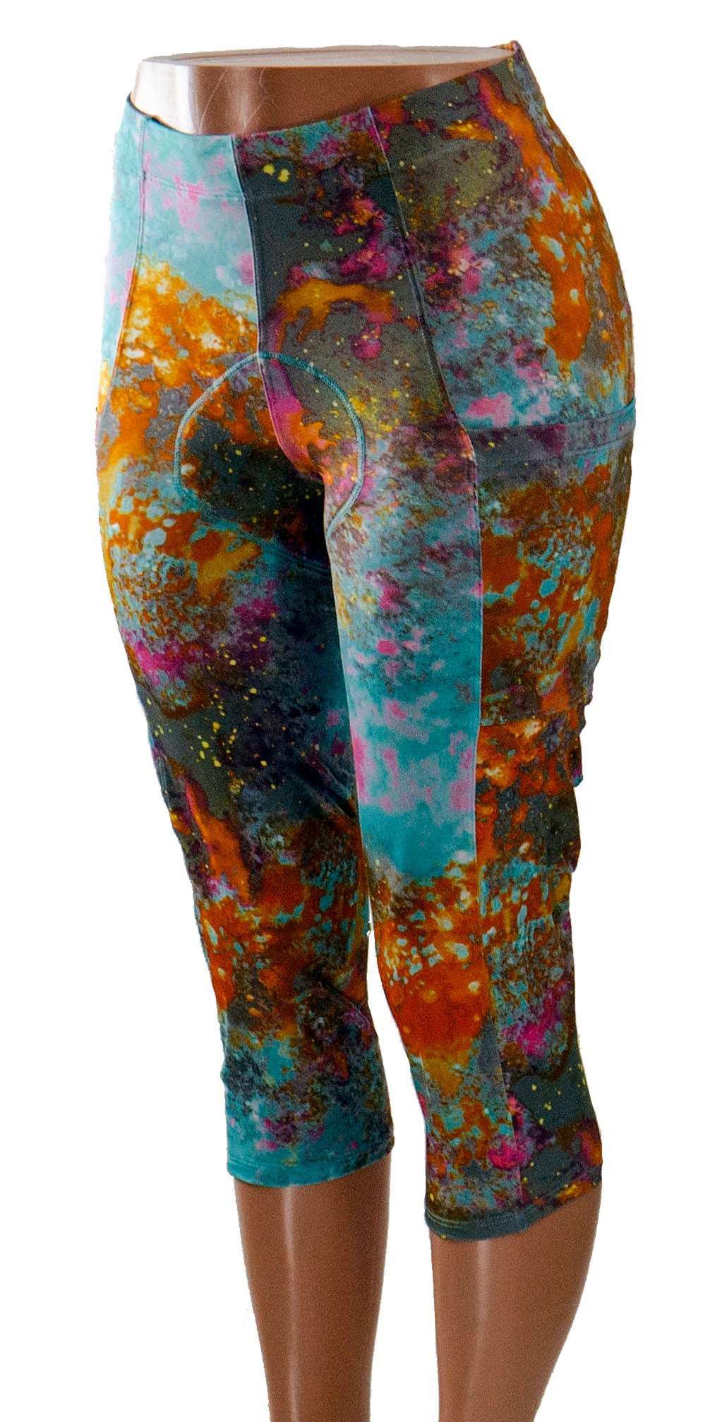 Women's colorful cycling knickers with Italian chamois, moisture-wicking fabric, and side slip pockets.