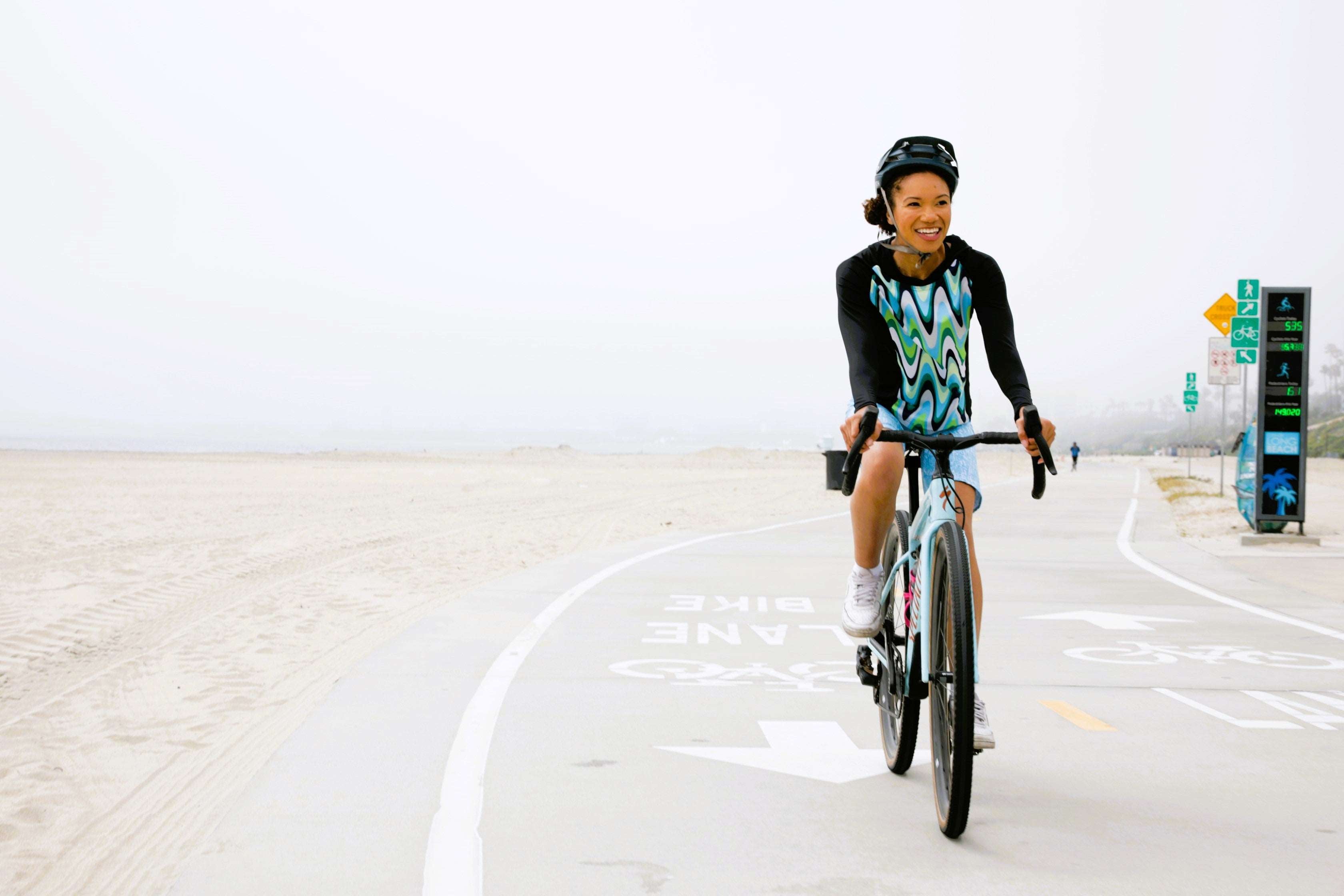 Women's mountain bike shorts with Italian chamois, blue sky color, featuring recycled stretch poly spandex and performance moisture-wicking fabric.