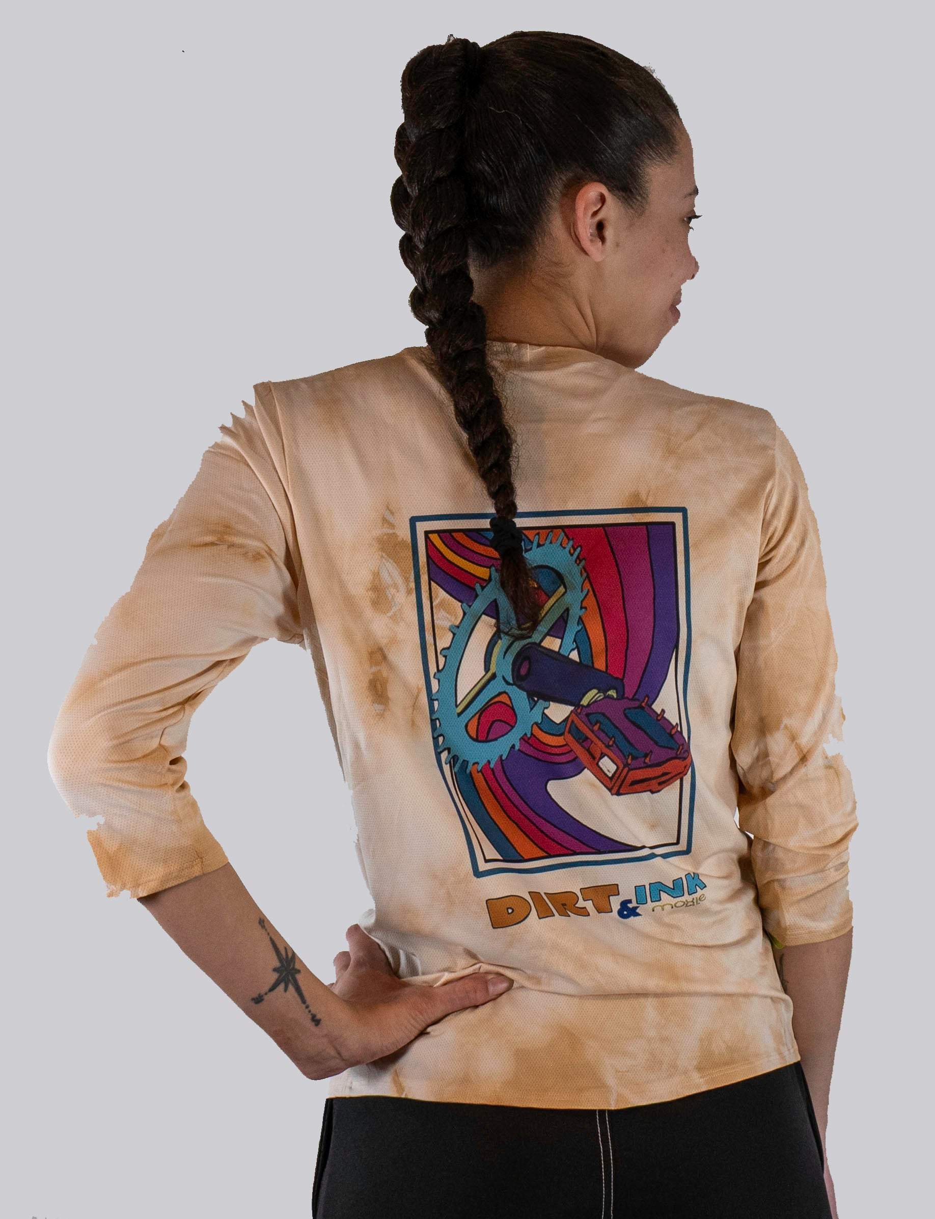The Peak Jersey women's grey hand-dyed mountain bike jersey with Dirt and Ink graphics