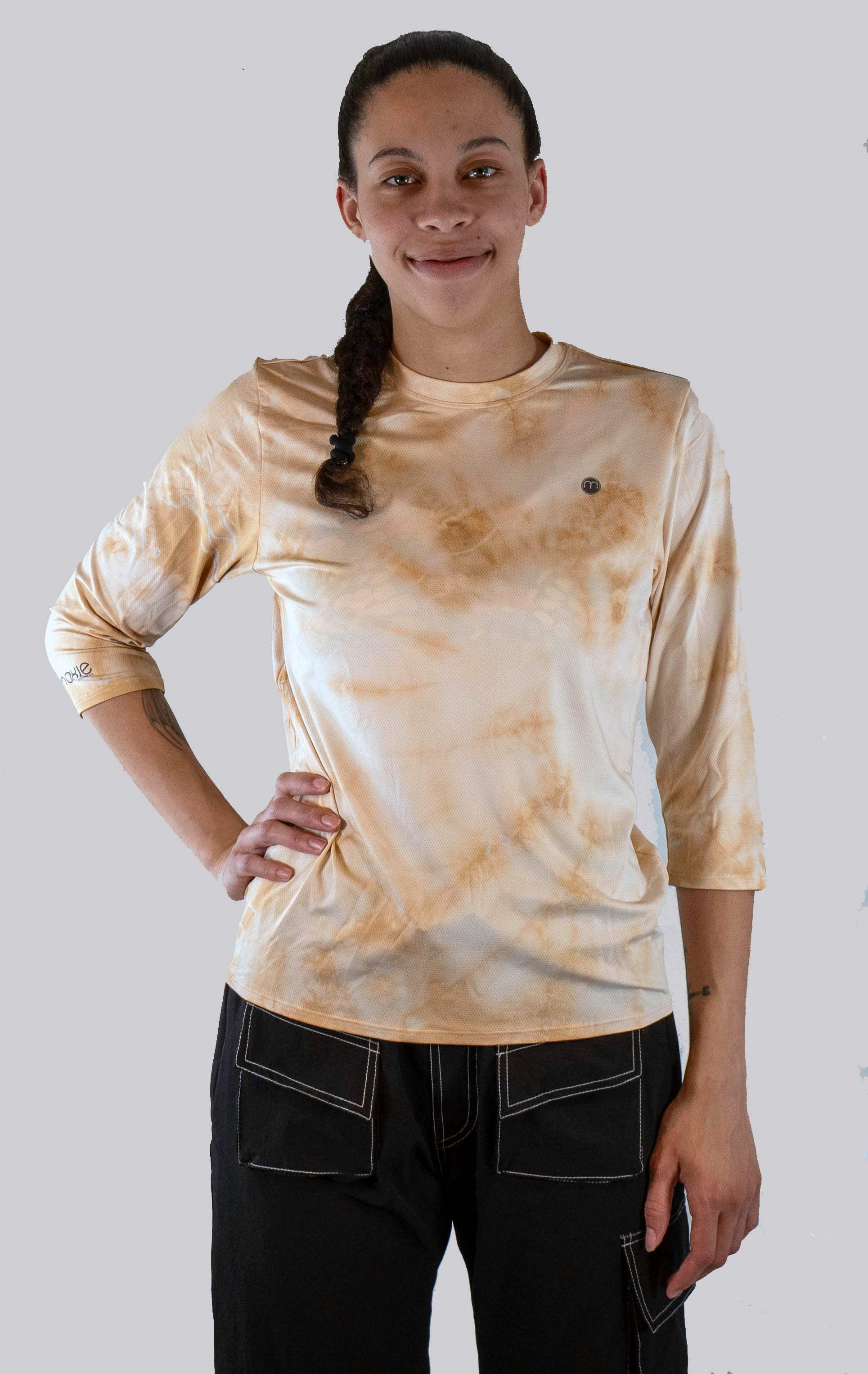The Peak Jersey women's hand-dyed grey mountain bike jersey with Dirt and Ink graphics