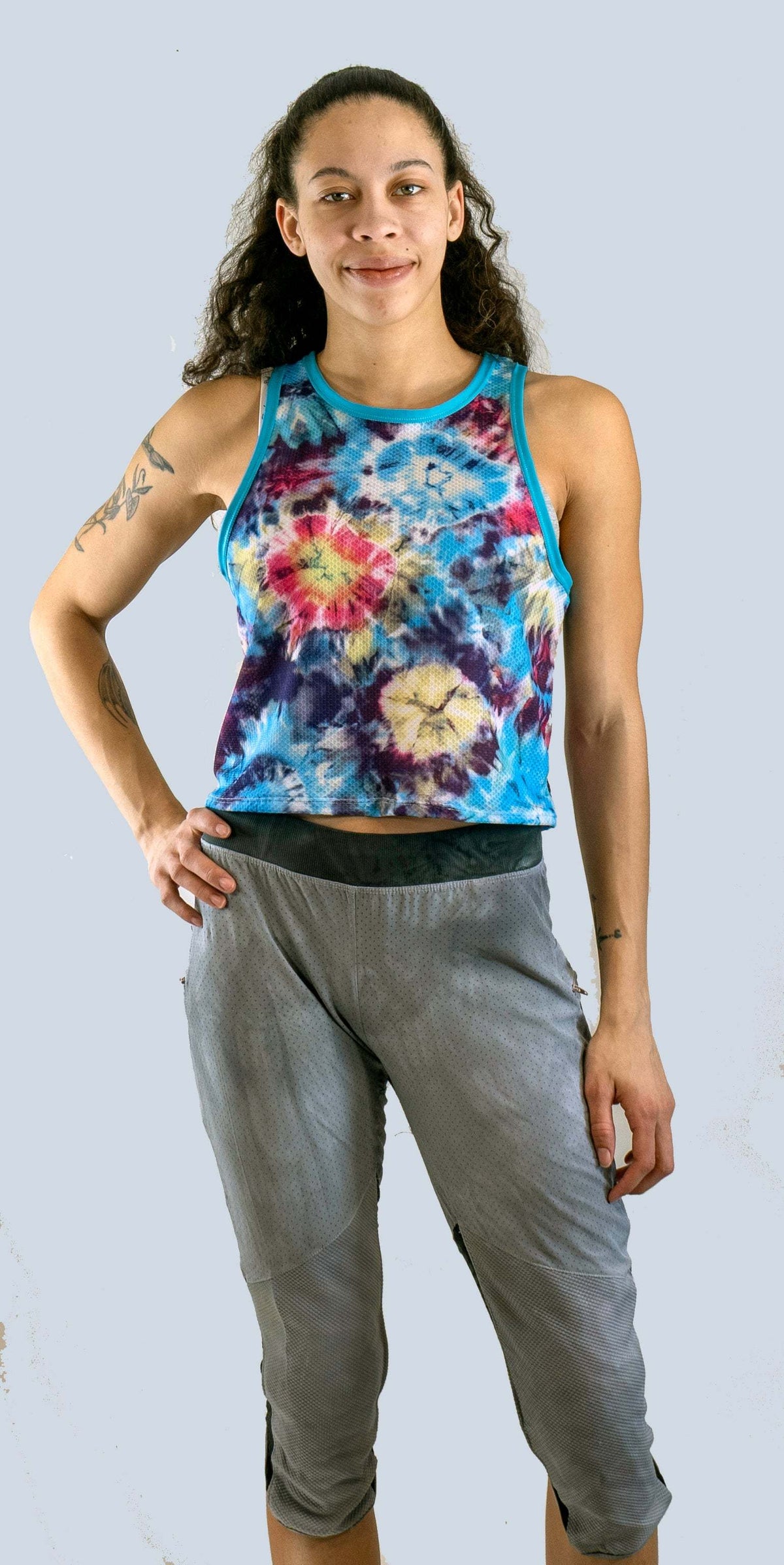 Women's waffle-knit cropped tank mountain bike jersey in tie dye design for breathable cycling apparel