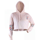 Moxie Hoodie in pale pink, cropped pullover with drawstring hood, ribbed cuffs and small abstract chest graphic with matching sleeve prints.