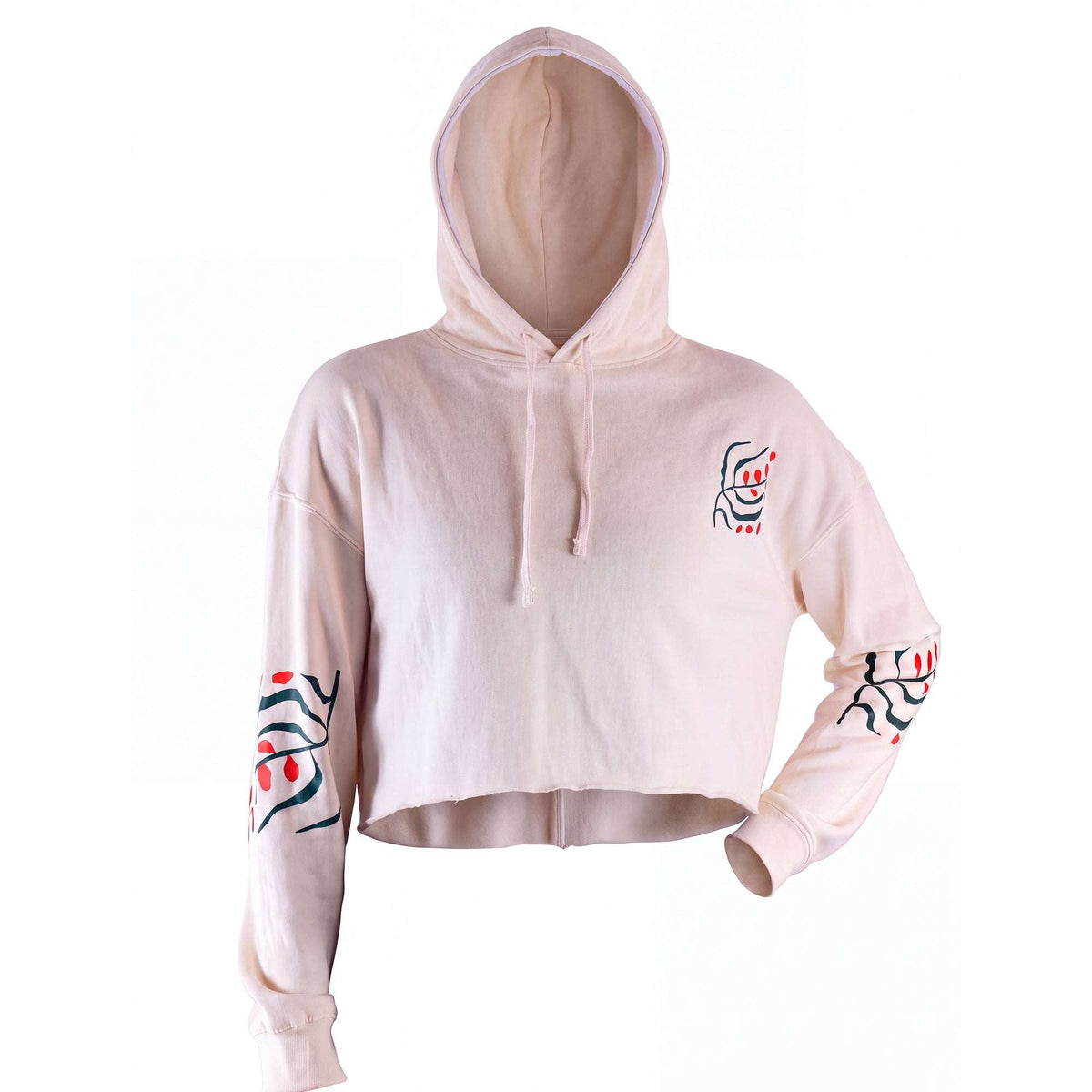 Moxie Hoodie in pale pink, cropped pullover with drawstring hood, ribbed cuffs and small abstract chest graphic with matching sleeve prints.