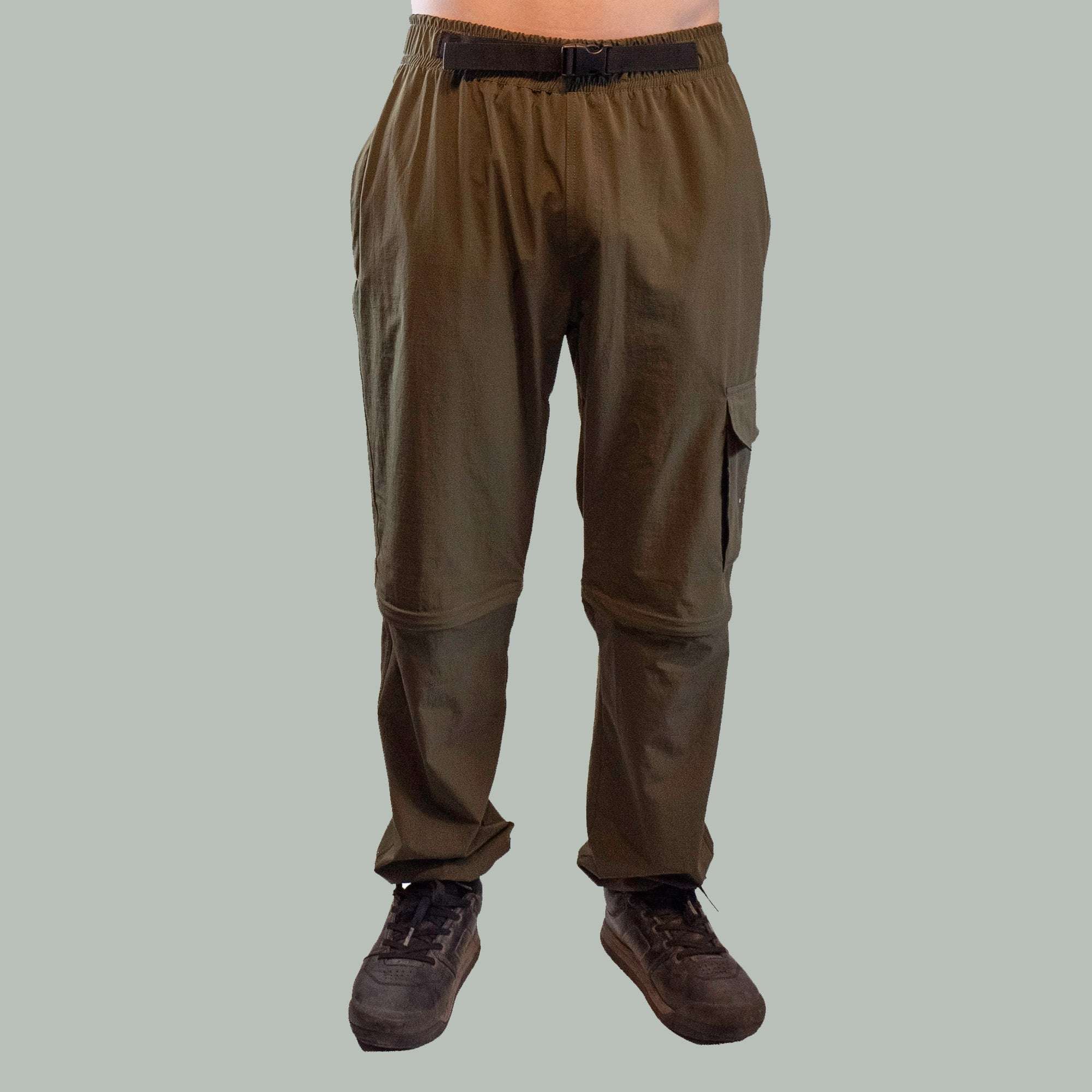 Men's Zip Off mountain bike pants in olive green with cargo pocket, adjustable waist belt, and zip-off lower legs for versatility.