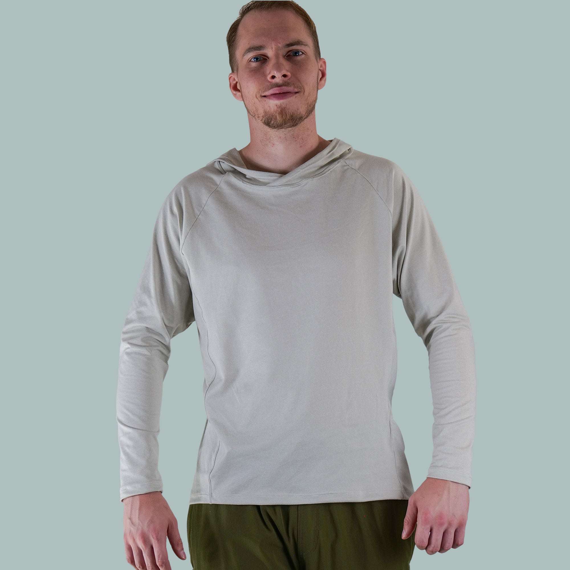 Men's Fall Cycling Hoodie in light beige with long sleeves and a relaxed fit made from soft, lightweight fabric.