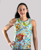Women's sleeveless bike jersey with floral design, made of soft performance spandex, featuring back pockets for essentials