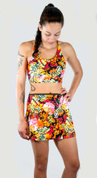 Athletic sports skirt with vibrant tropical print and breathable four-way stretch fabric
