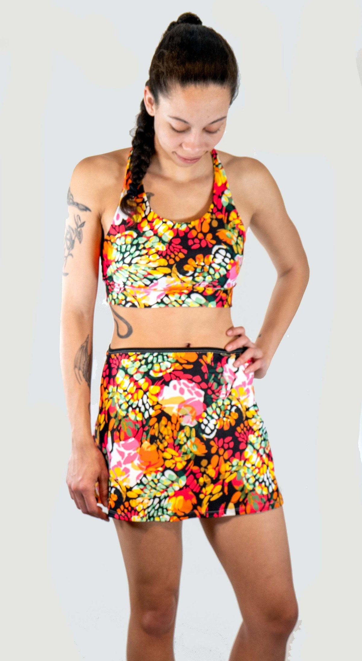 Athletic sports skirt with vibrant tropical print and breathable four-way stretch fabric