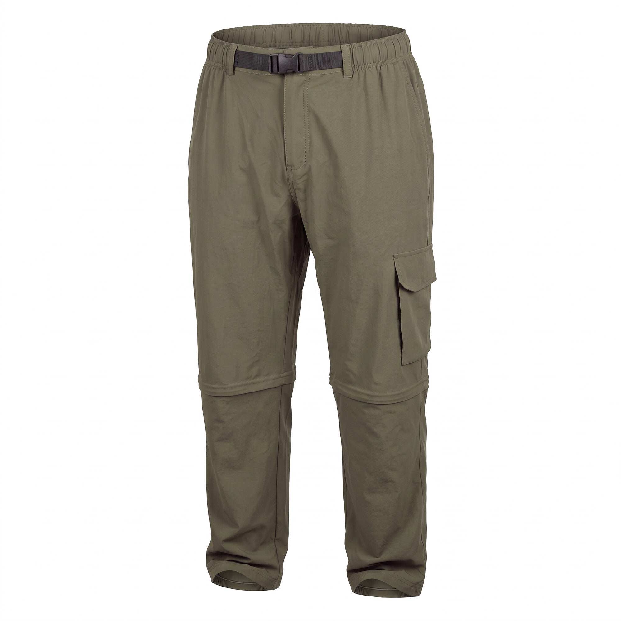 Men's Zip Off olive green lightweight nylon mountain bike pants with cargo pocket and adjustable belt waist