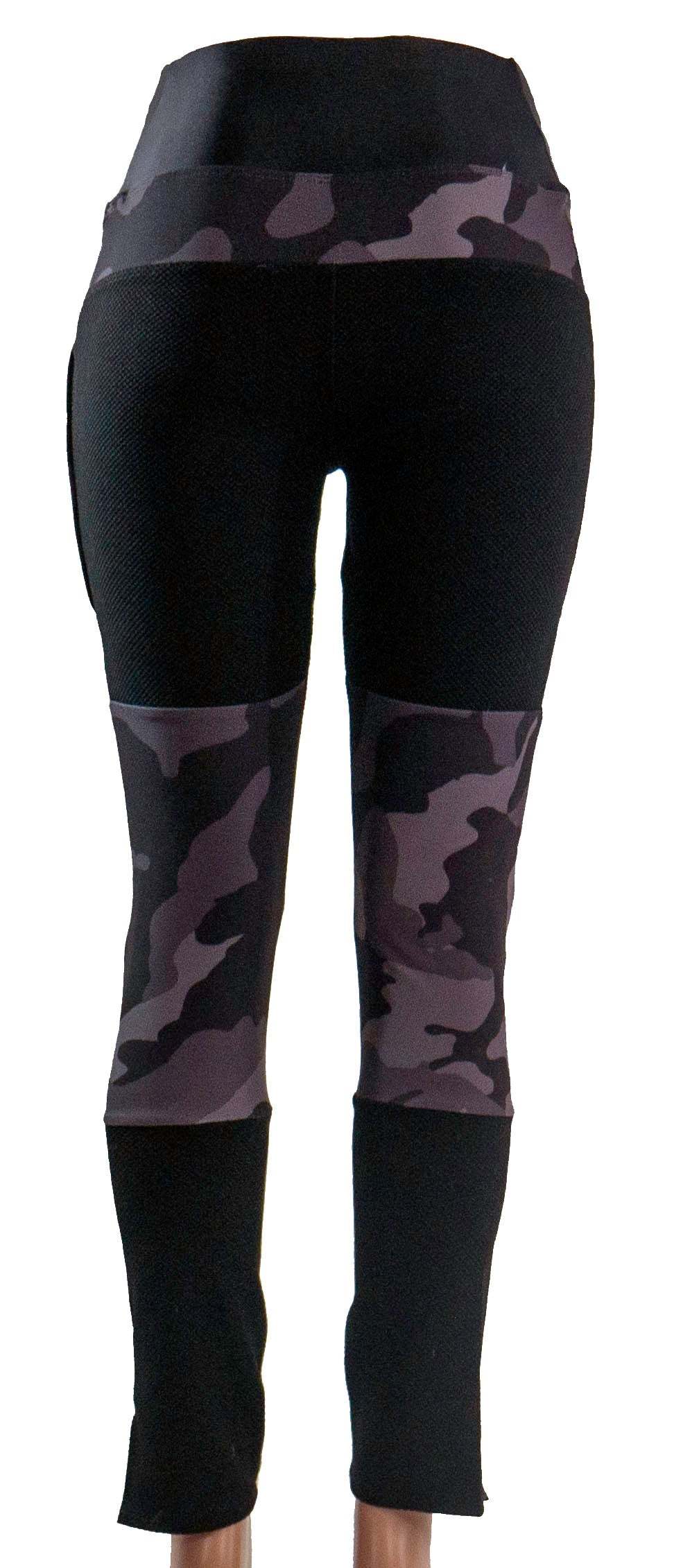 Mountain bike pants in black camo for women with durable fabric and removable knee pads.