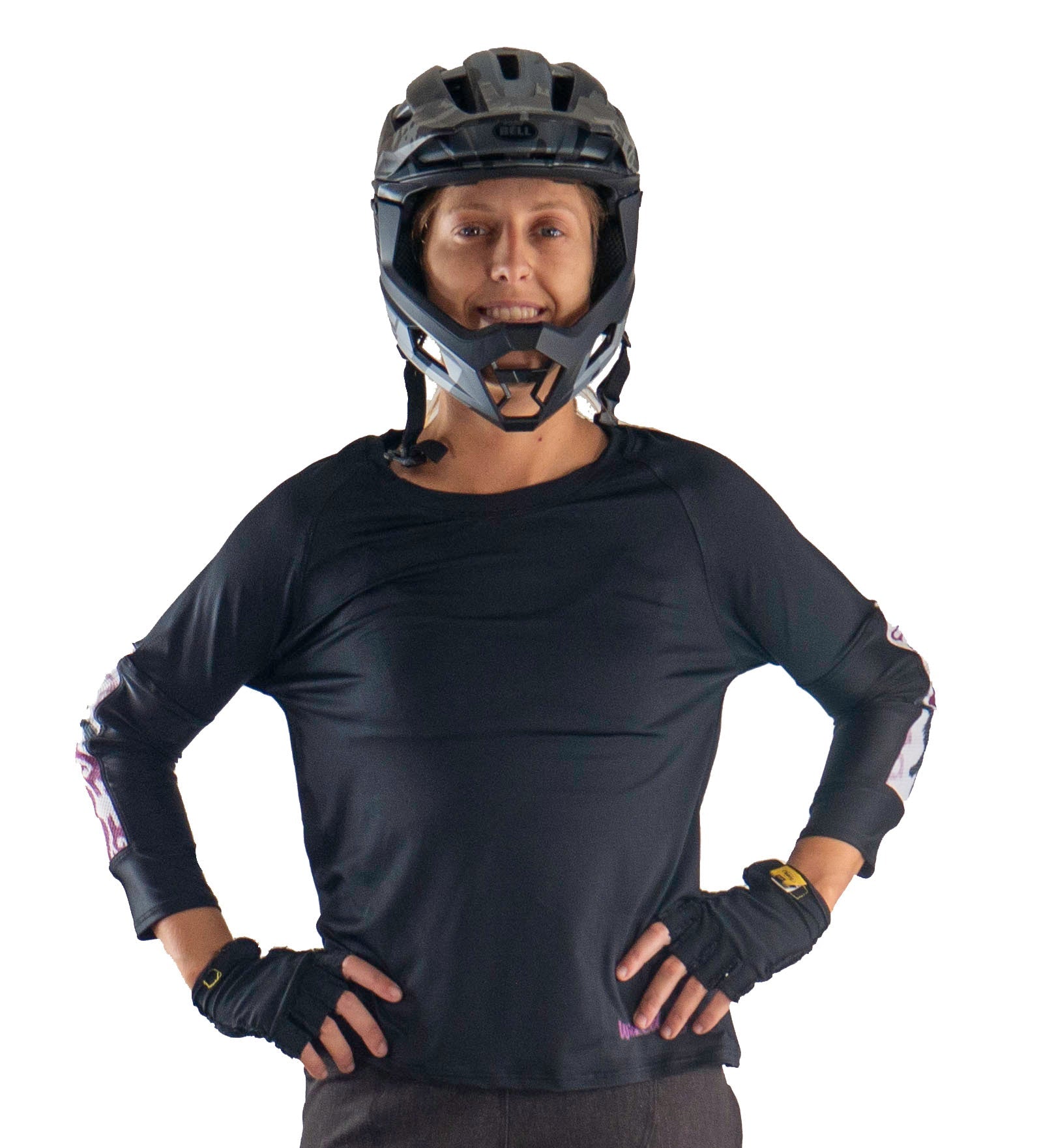 Mountain Bike Top Jet Black with removable elbow pads and durable stretch.