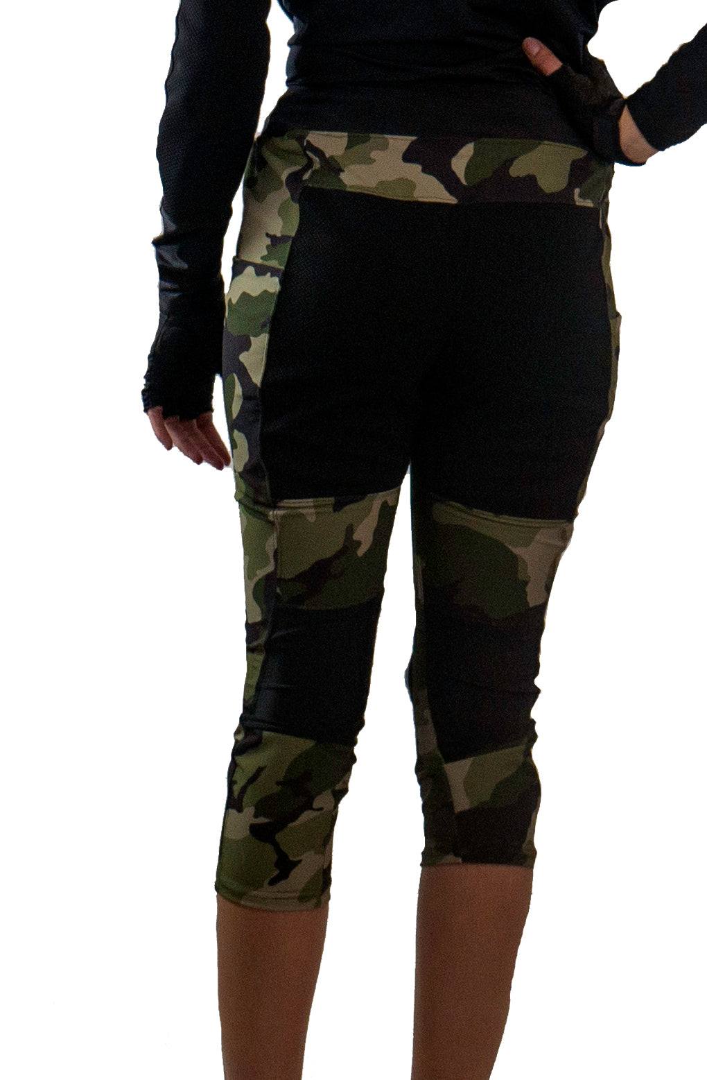 Women's bike pants in olive camo pattern, designed for all-year cycling.