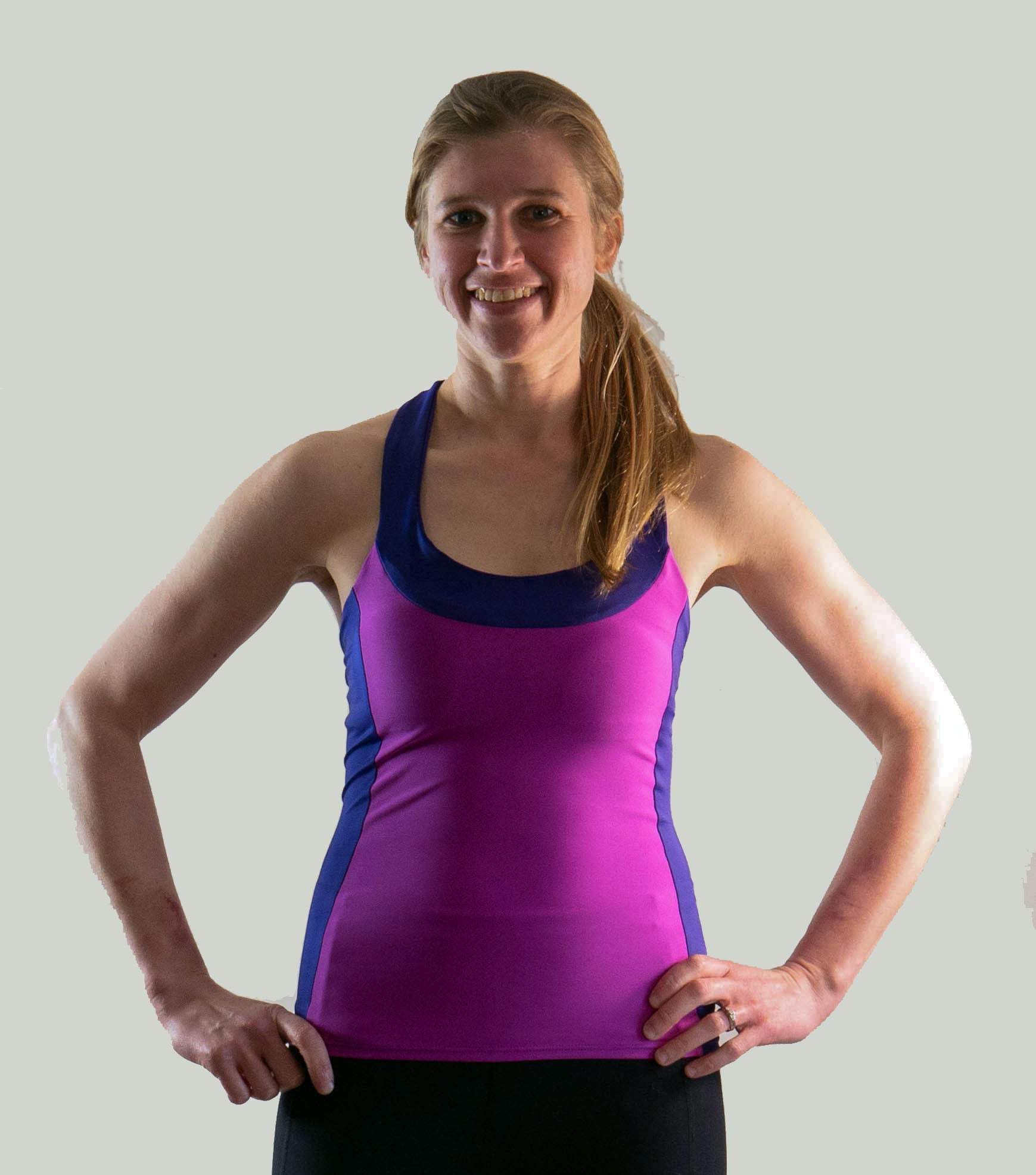 High Visibility Cycling Top in purple with T-back design, built-in bra, moisture-wicking fabric, and roomy pockets.