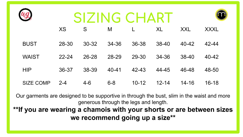 Sizing chart for women's mountain bike apparel, Mountain Short-Yin & Yang, with bust, waist, hip, and size comparisons from XS to XXXL.