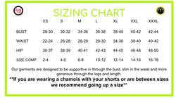 Moxie T-Back Jersey Mod sizing chart for bust, waist, and hip measurements in XS to XXXL.