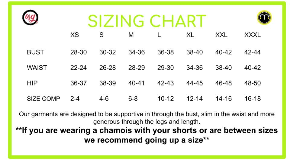 Sizing chart for sleeveless cycling jersey showing measurements for bust, waist, hip, and size compatibility from XS to XXXL.