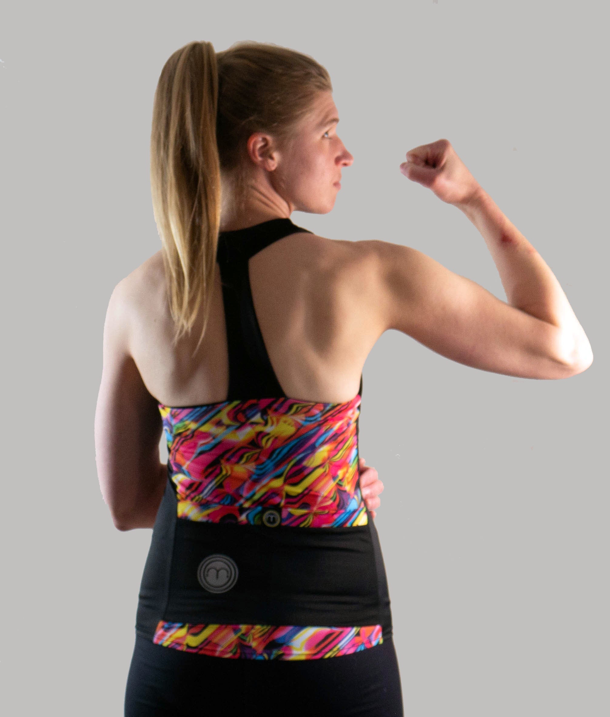 High Visibility Cycling Top -Wave, colorful design, T-back, lightweight, moisture-wicking, reflective safety features.