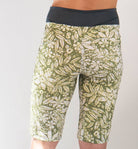 Women's Mountain Short-Peace Leaf with green leaf pattern, contoured elastic waistband, and purple stitching.