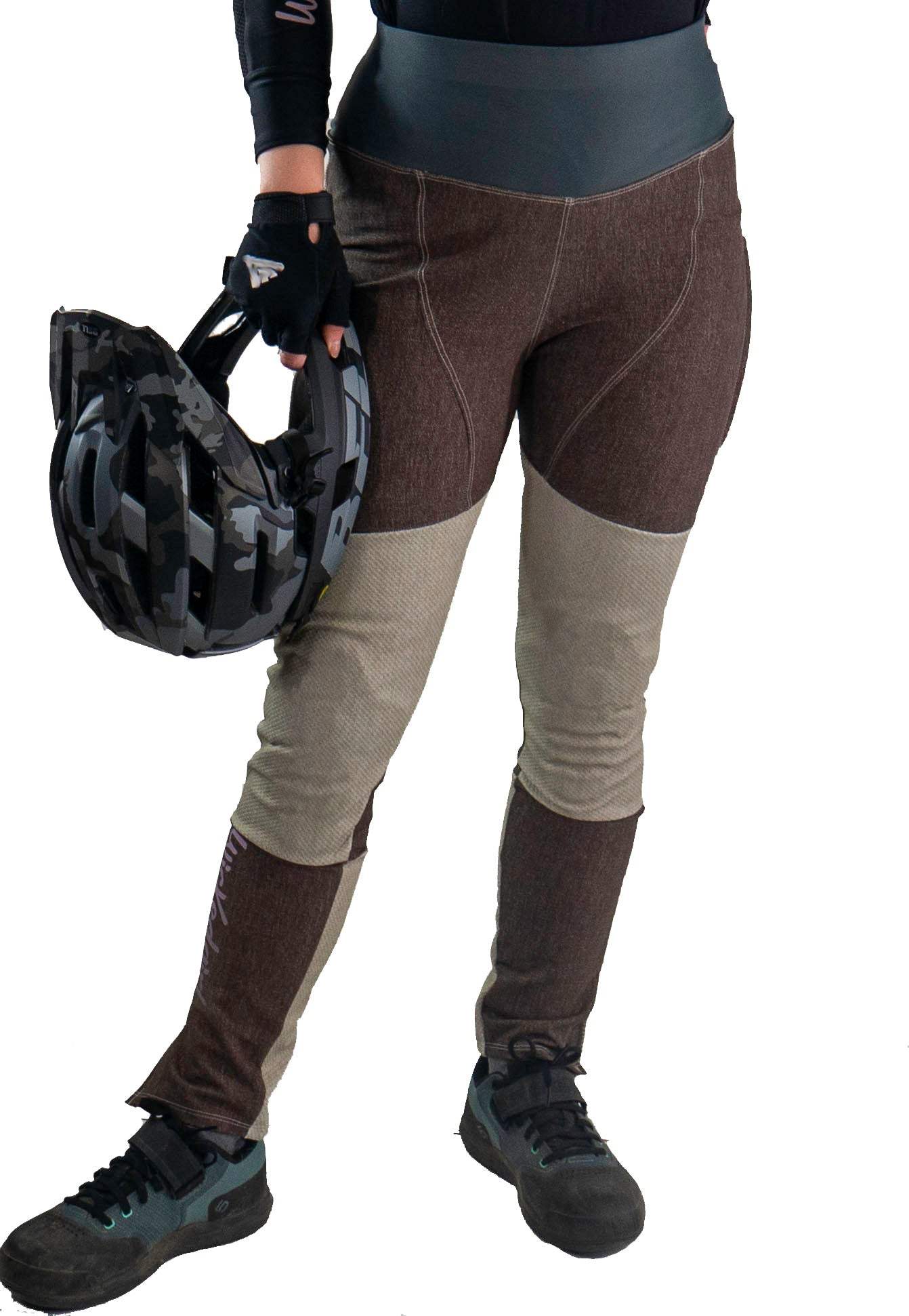 Mountain bike pants mixed denim, durable and stretchable, designed for women, no G-Form pad included.