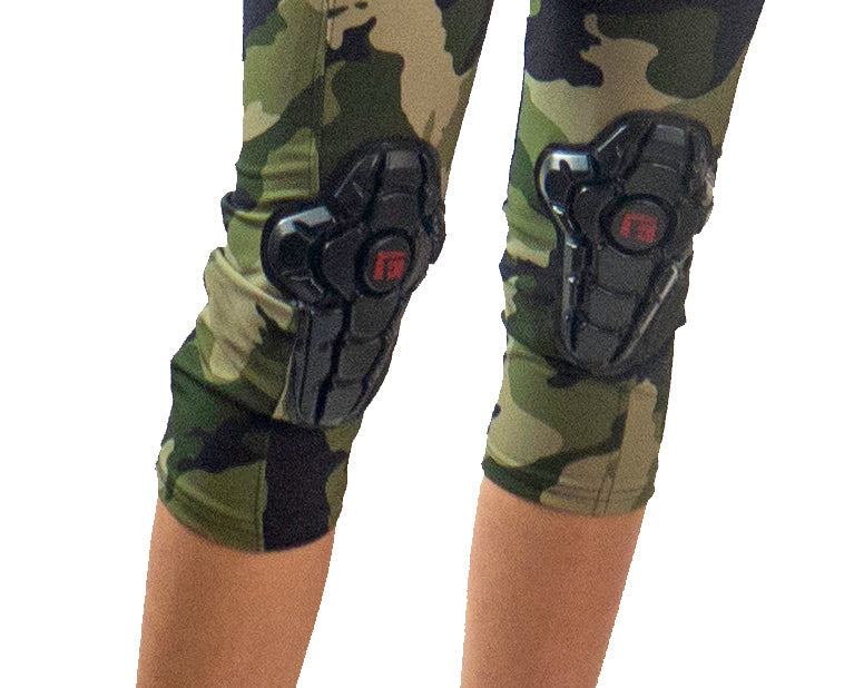 Ultimate Women's Bike Pants in Olive Camo with protective knee pads for cycling.