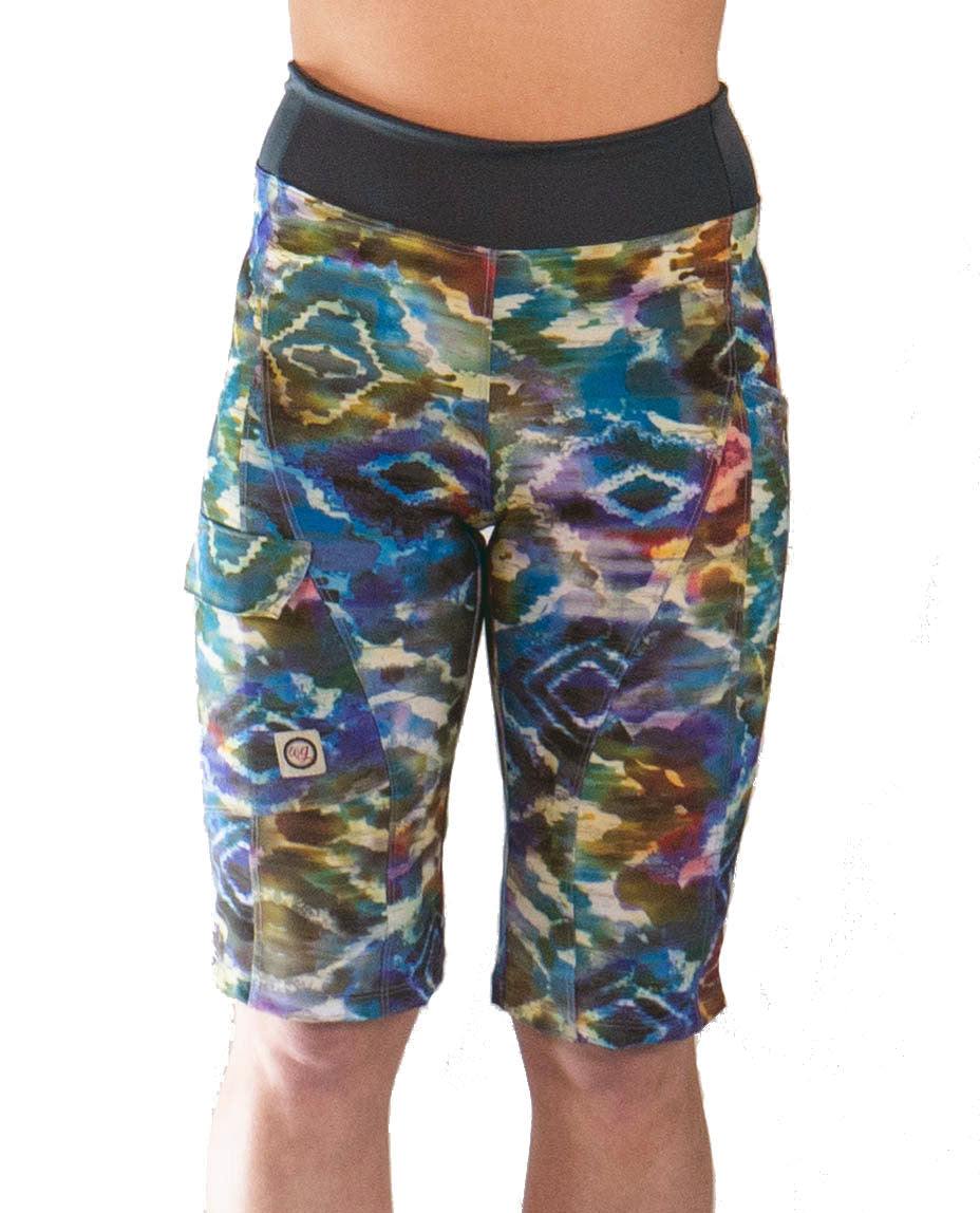 Women's mountain bike shorts with colorful pattern, contoured elastic yoga waist, and versatile pockets.