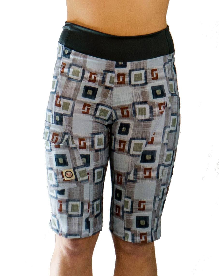 Women's mountain short in hopscotch plaid pattern with contoured elastic waist and versatile pockets.