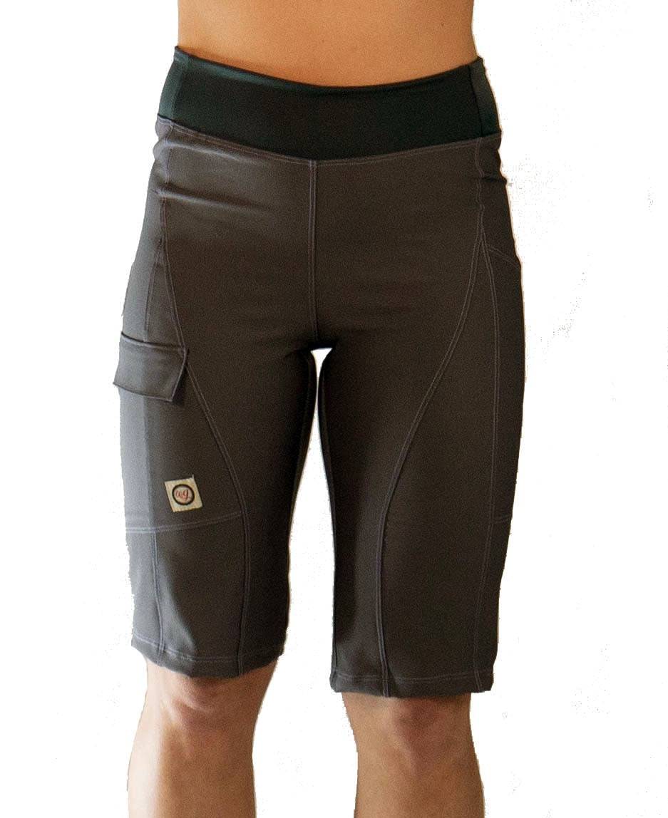 Women's mountain bike shorts in smoke color with contoured elastic waist and versatile pockets.