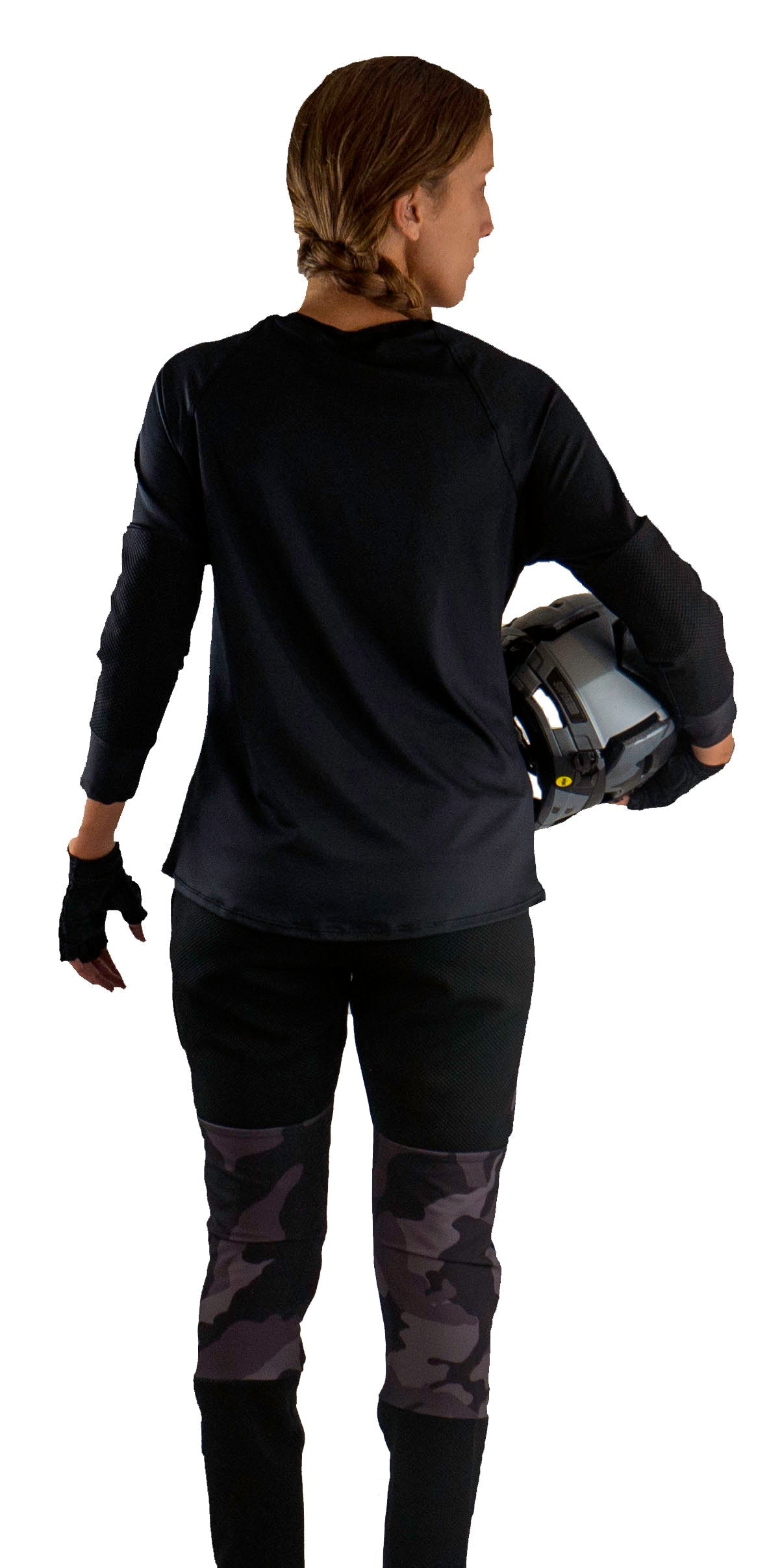 Mountain Bike Top Jet Black with removable elbow pads and all-over stretch design.