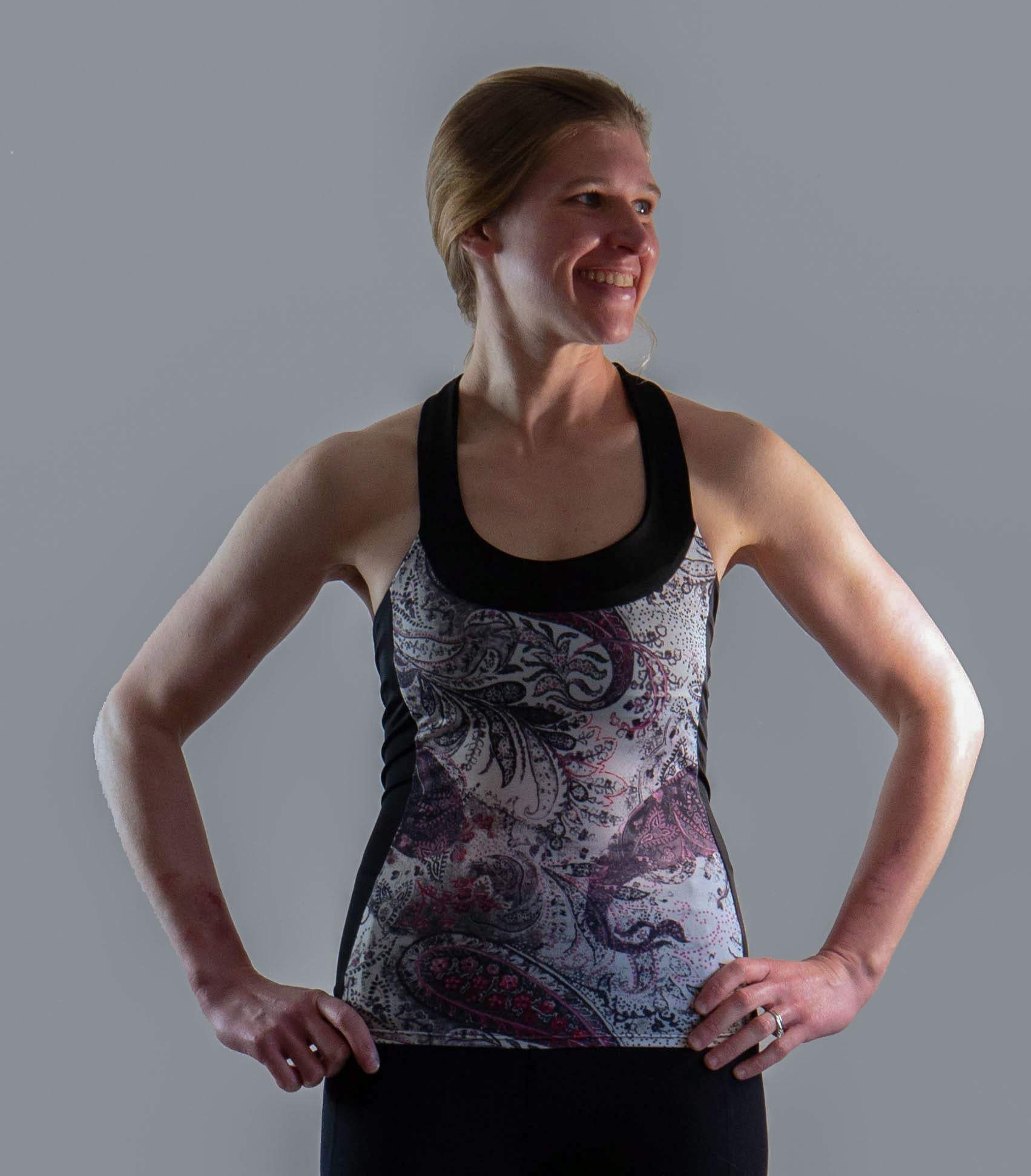 Paisley Greys T-Back top with built-in bra, lightweight fabric, scoop neckline, and paisley design.
