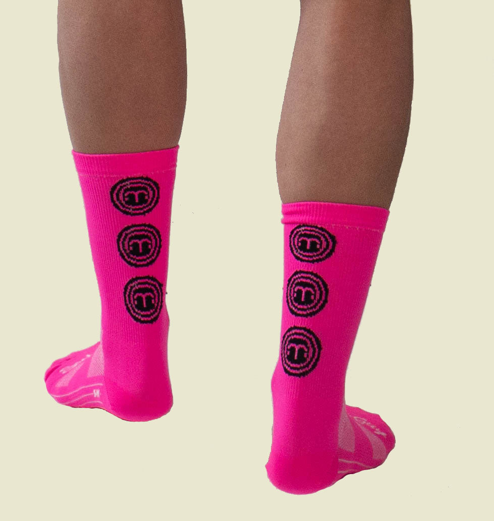 Hi Vis Moxie Socks by Sock Guy, moisture-wicking, one size fits all, pink with a 6" cuff.