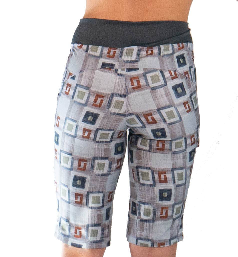 Women's mountain bike shorts in Hopscotch Plaid pattern with flattering fit and stretchy waistband.