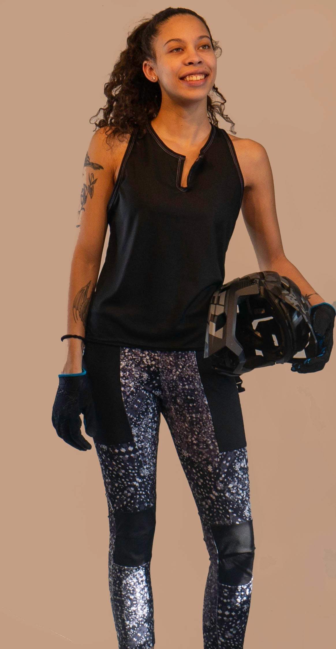 Durable galaxy-themed bike cycling pants with stretch fabric, large pockets, and yoga waistband.