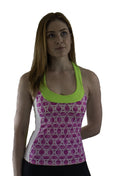 High Visibility Cycling Top - OVALS, pink and green design, moisture-wicking, built-in bra, T-back style.