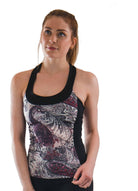 Paisley Greys T-Back top with built-in bra, lightweight fabric, and oversized pockets.